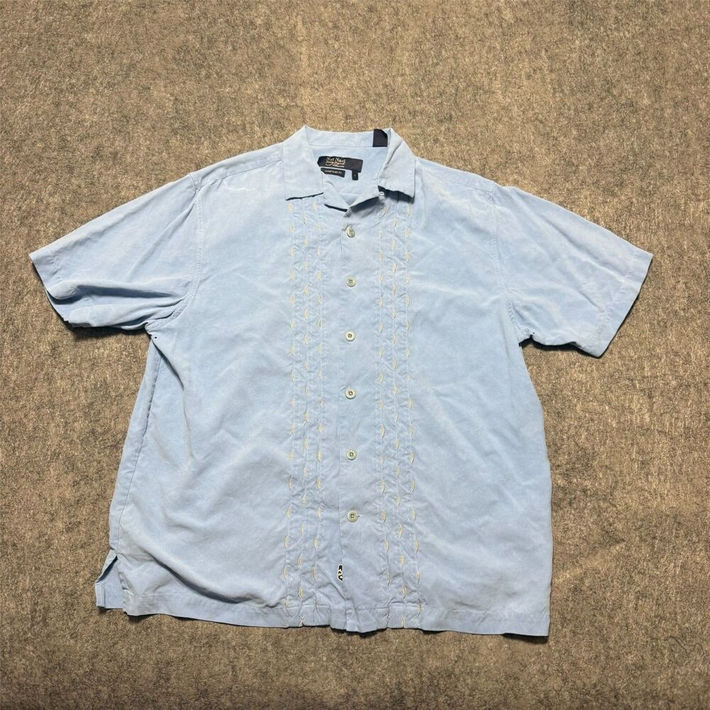 Nat Nast Mens Silk Shirt Size L Blue Guayabera Style Latin Vented Button Up